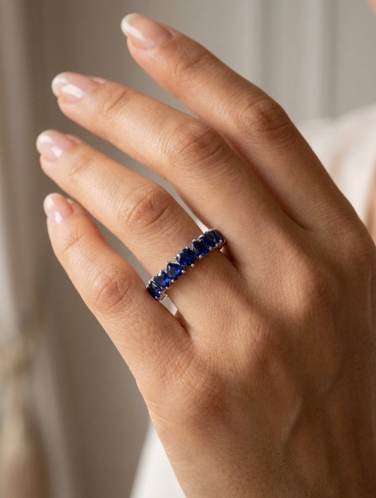 Sterling Silver Heart-cut Sapphire Eternity Ladies Band