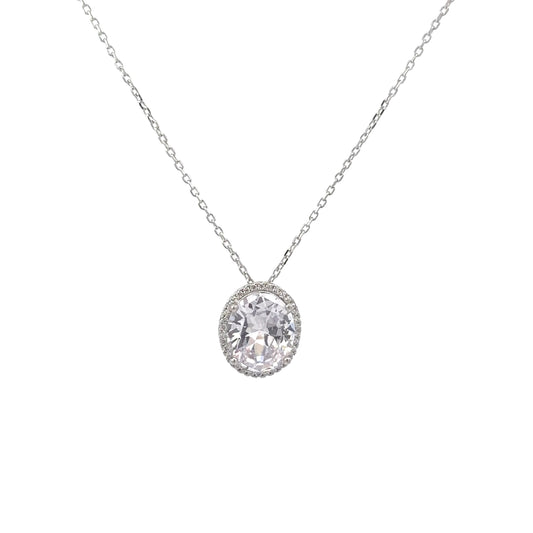 Sterling Silver Oval Cut Halo Pendant Necklace