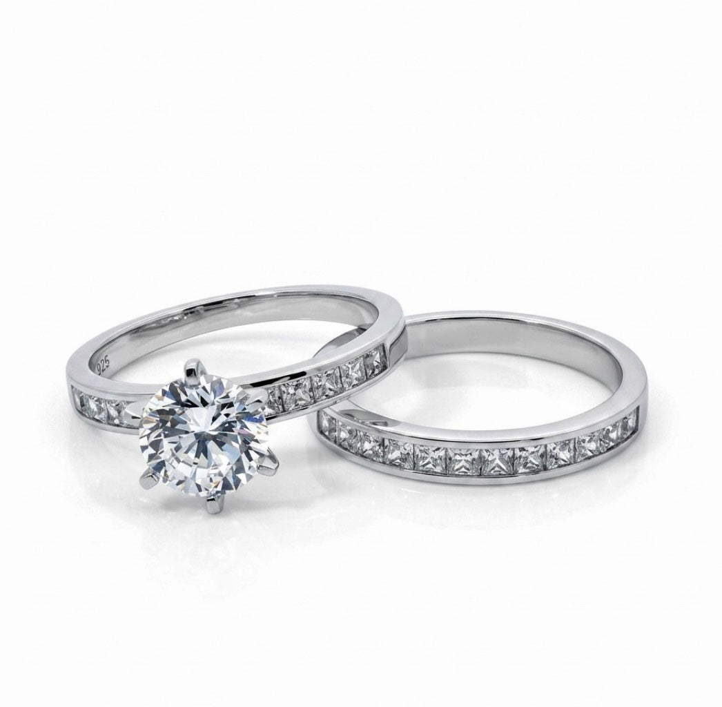Sterling Silver Channel Wedding Ring Set