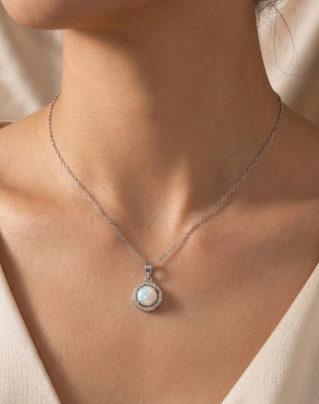 Sterling Silver Opal Halo Necklace