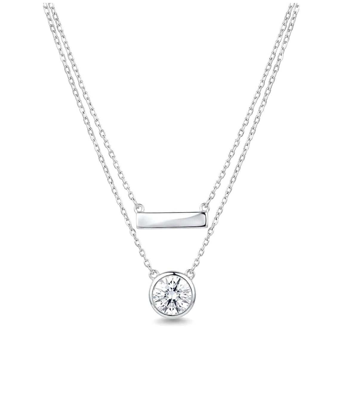 Sterling Silver Layered Bar and Bezel Solitaire Necklace