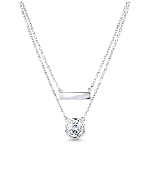 Sterling Silver Layered Bar and Bezel Solitaire Necklace