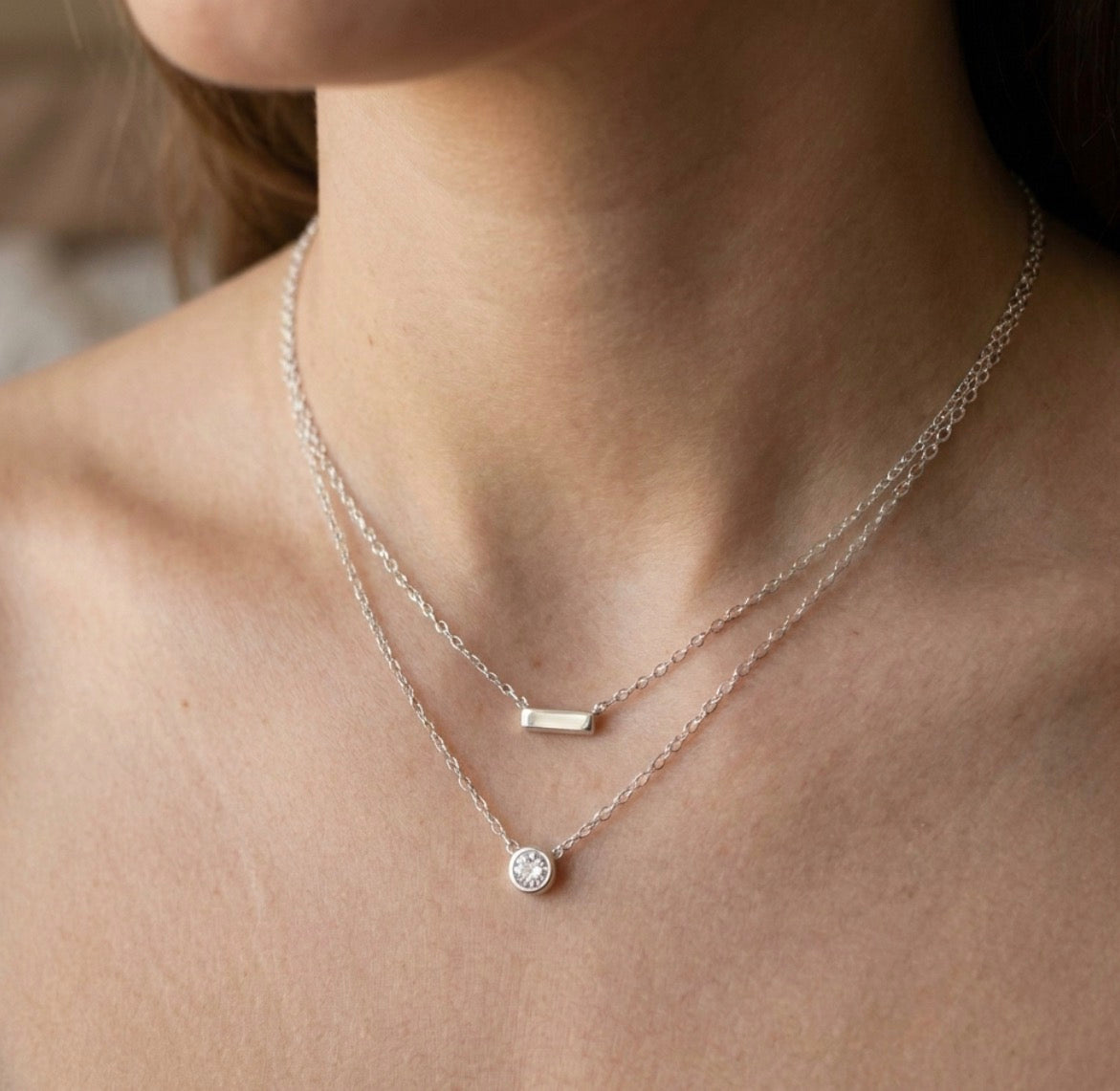 Sterling Silver Layered Bar and Bezel Solitaire Necklace