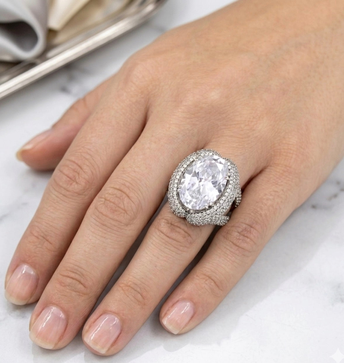 Sterling Silver Oval-cut Stone Cocktail Ring