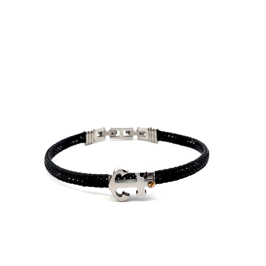 Stainless Steel Black Cable Bracelet with Anchor Accent