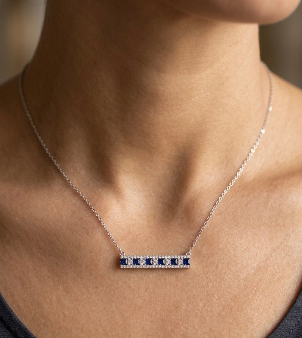 Sterling Silver Sapphire Princess-cut Bar Necklace