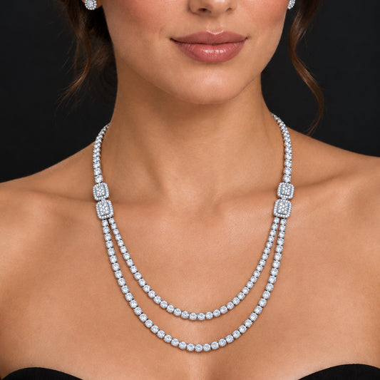 Sterling Silver Cubic Zirconia Double Strand Tennis Necklace