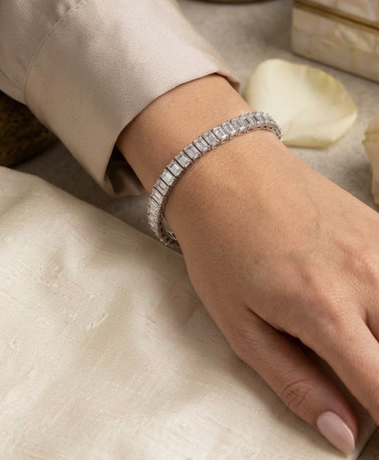 Sterling Silver Tennis Bracelet With Baguette Cubic Zirconia Stones