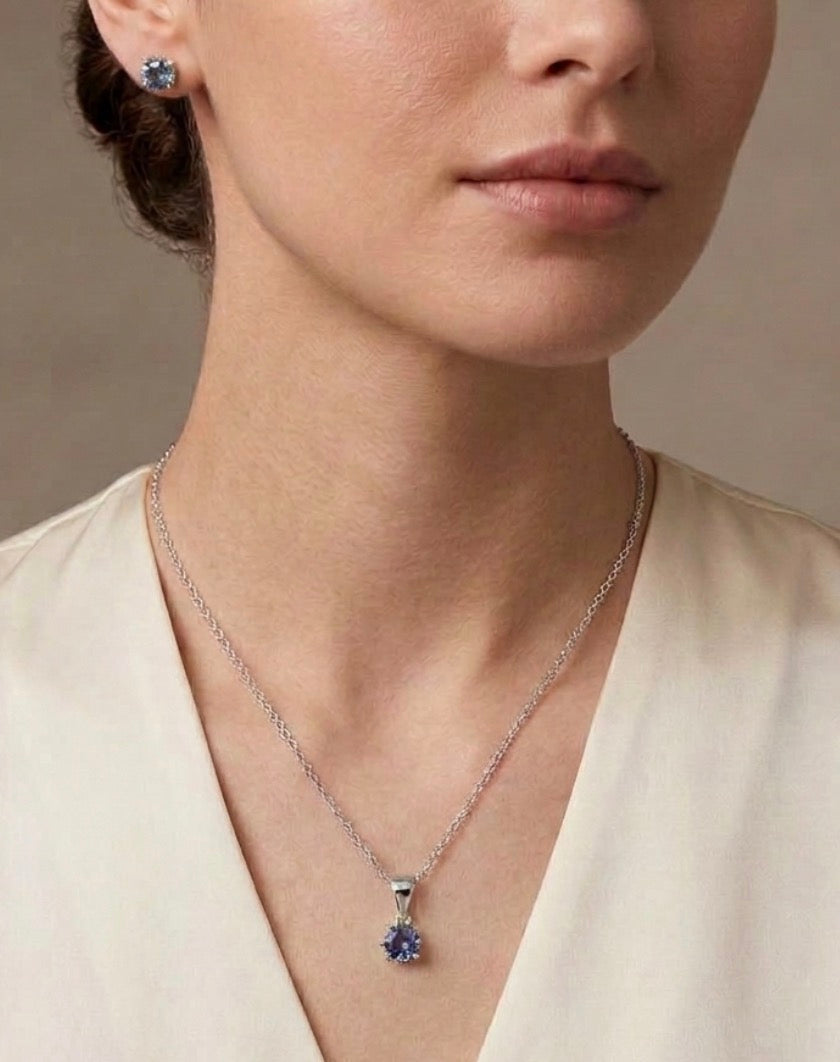 Sterling Silver Solitaire Alexandrite Necklace & Stud Earrings Set