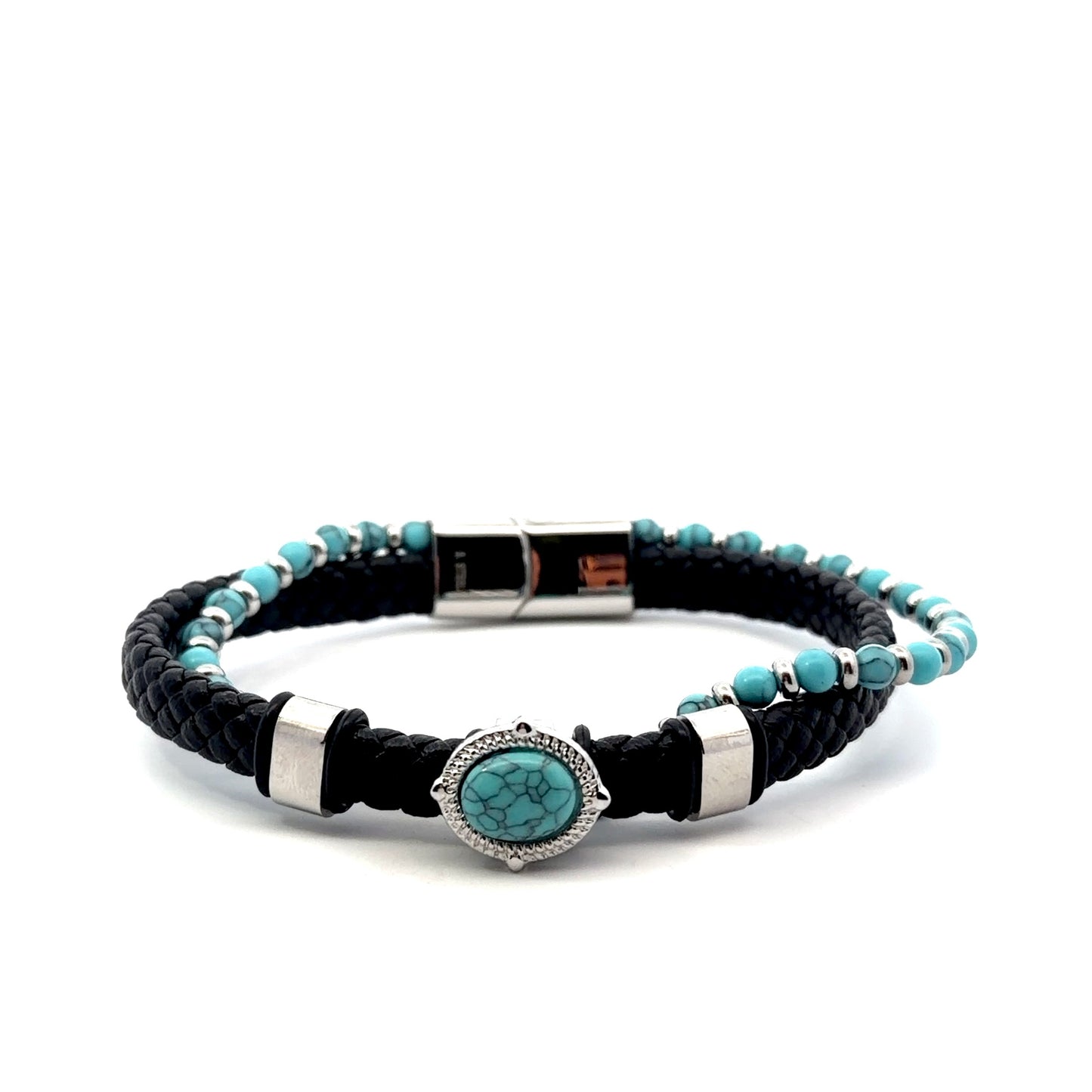 Leather with Steel & Turquoise Men’s Bracelet