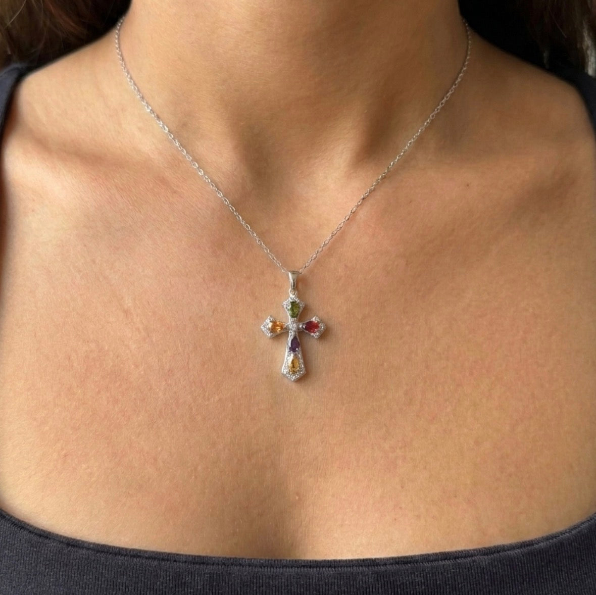 Sterling Silver Multi Color Cross Necklace