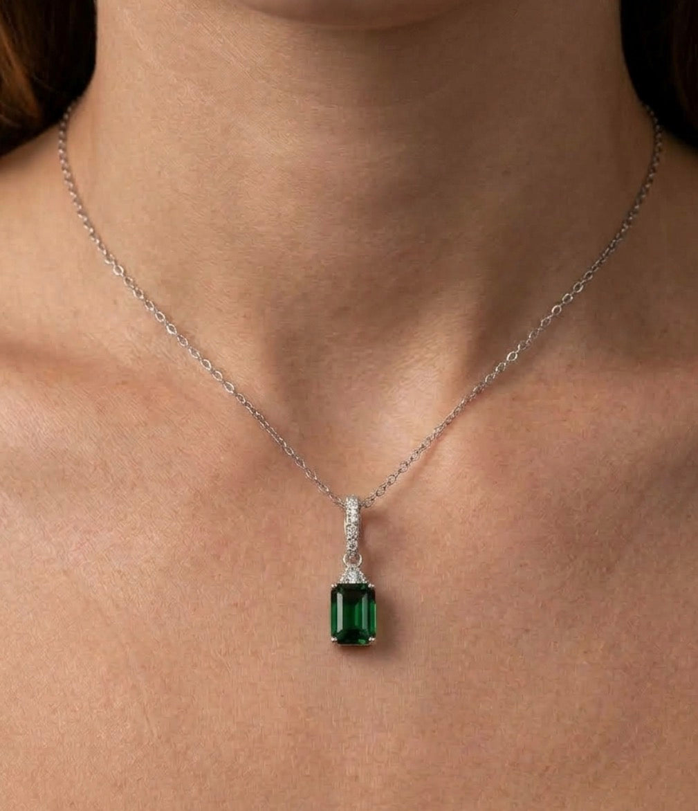Sterling Silver Emerald-cut Emerald Necklace