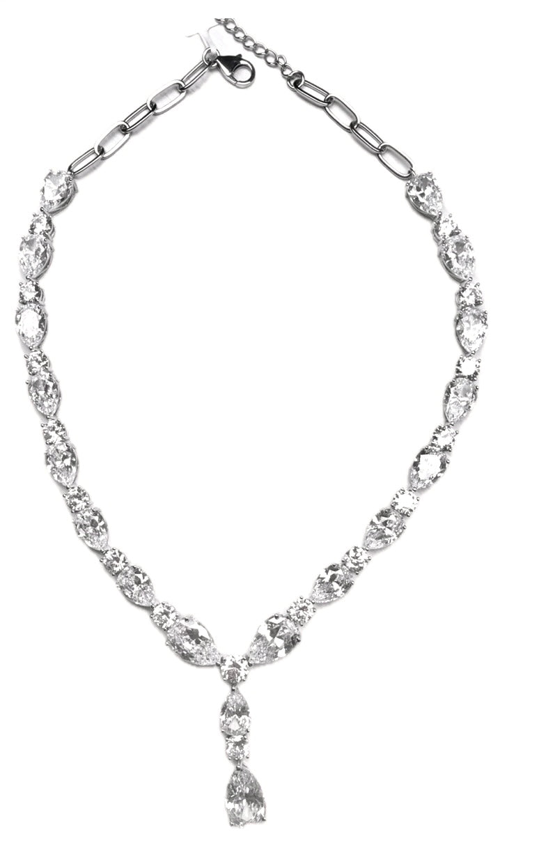 Sterling Silver Necklace With Pear Shape & Round Cubic Zirconia Stones