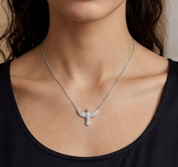Sterling Silver Cubic Zirconia Pave Encrusted Dove Of Peace Necklace