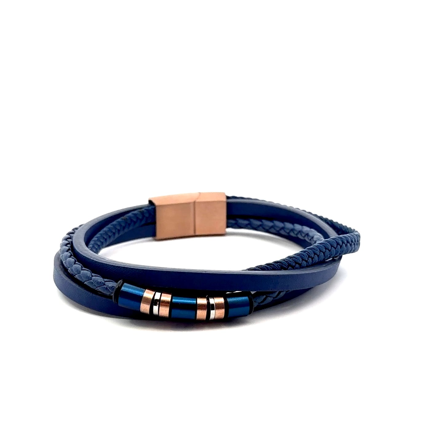 Blue Multi String Leather with Rose Gold Stainless Steel Bracelet