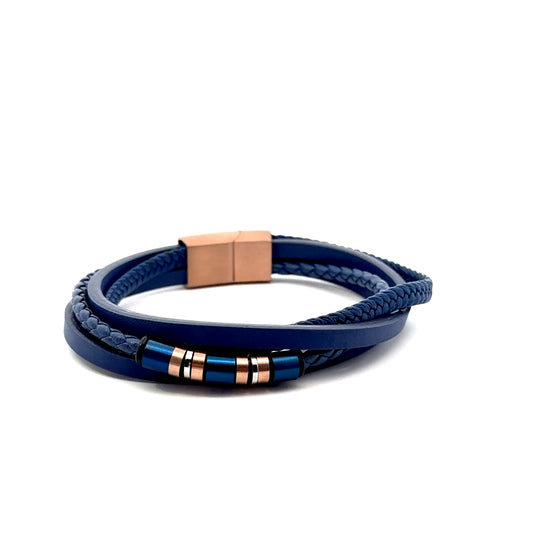 Blue Multi String Leather with Rose Gold Stainless Steel Bracelet