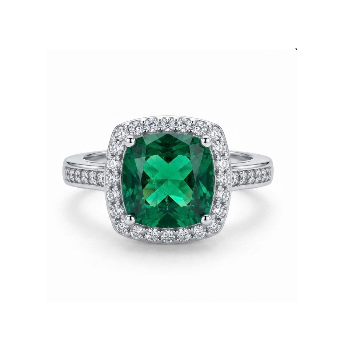 Sterling Silver Cushion Cut Halo Emerald Ring