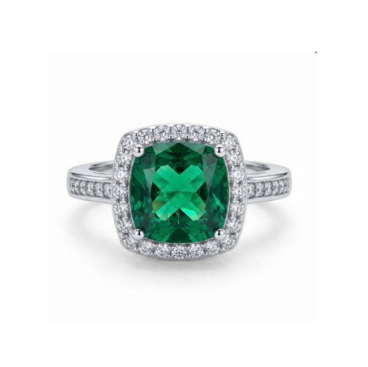 Sterling Silver Cushion Cut Halo Emerald Ring