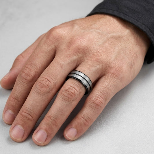 The Obsidian Meridian: Two-Tone Brushed Silver & Black Grooved Tungsten Band