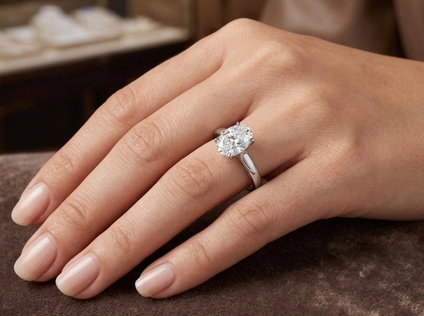 Sterling Silver Oval-cut 4- prongs Engagement Solitaire Ring
