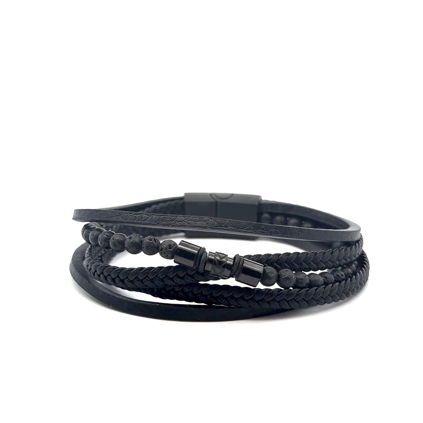 Multi String Leather and Stainless Steel Bracelet with Lava Beads and Barrel Accent