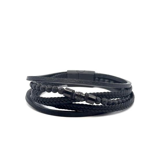 Multi String Leather and Stainless Steel Bracelet with Lava Beads and Barrel Accent