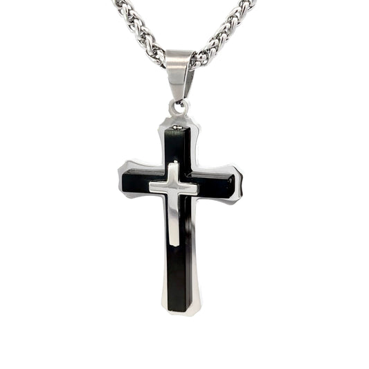 Black Stainless Steel Three-Layered Cross Pendant
