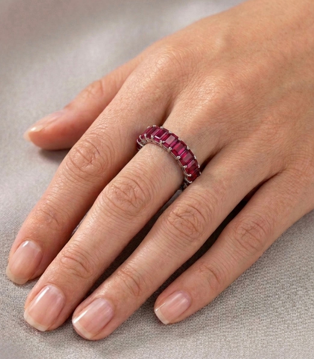 Sterling Silver Emerald-cut Ruby Eternity Ladies Band