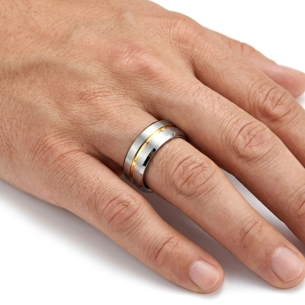 The Horizon Step: Two-Tone Brushed Tungsten Band with Gold Grooved Inlay