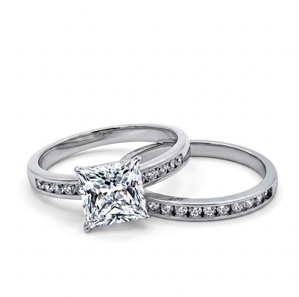 Sterling Silver Princess 4-prongs Wedding Ring Set