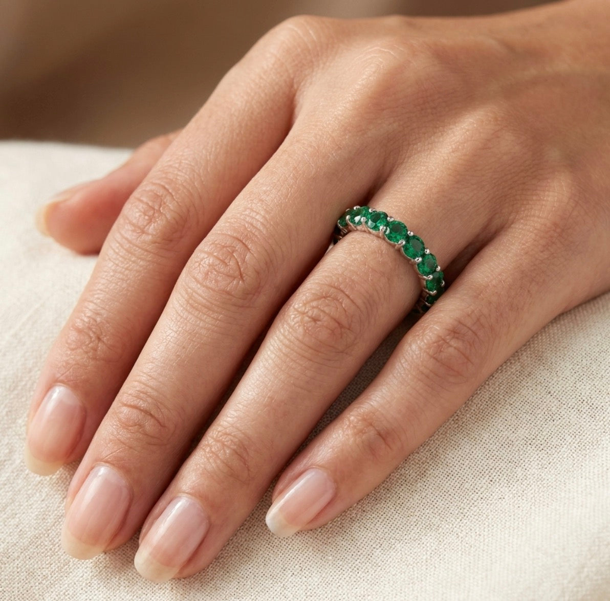 Sterling Silver Brilliant-cut Emerald Eternity Ladies Band