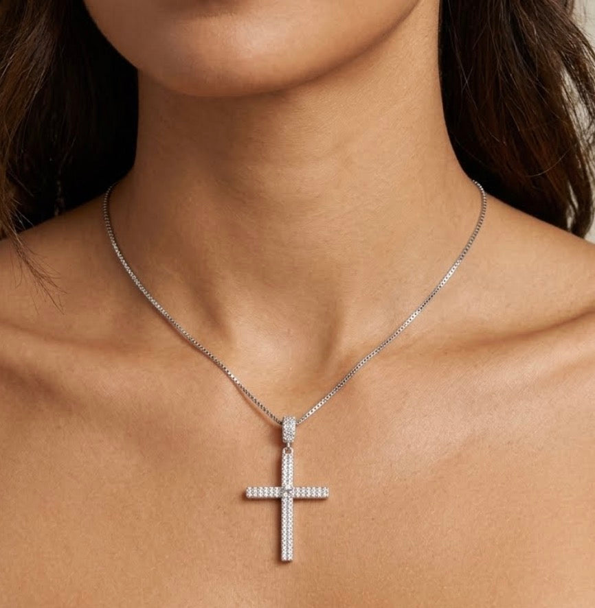 Sterling Silver Pavé Encrusted Cubic Zirconia Cross Necklace