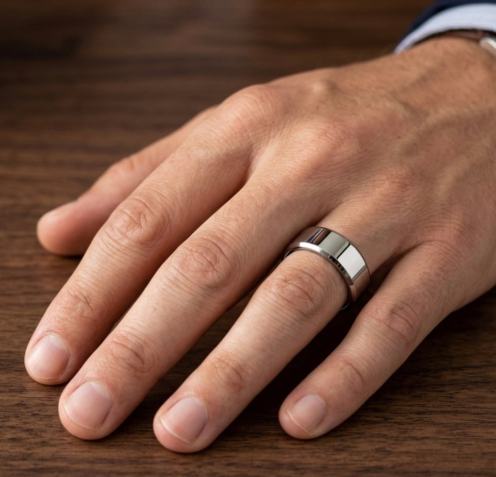 The Meridian: High-Polish Silver 6MM Tungsten Band with Beveled Edges