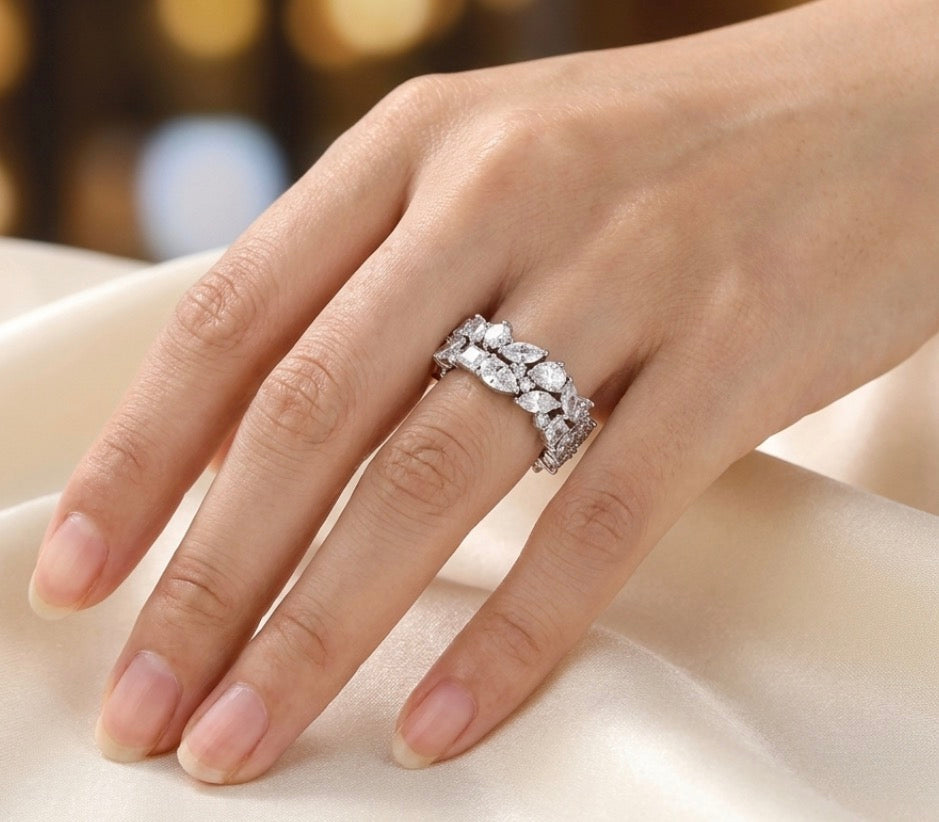 Sterling Silver Multi-cut Stone Wide Ladies Band