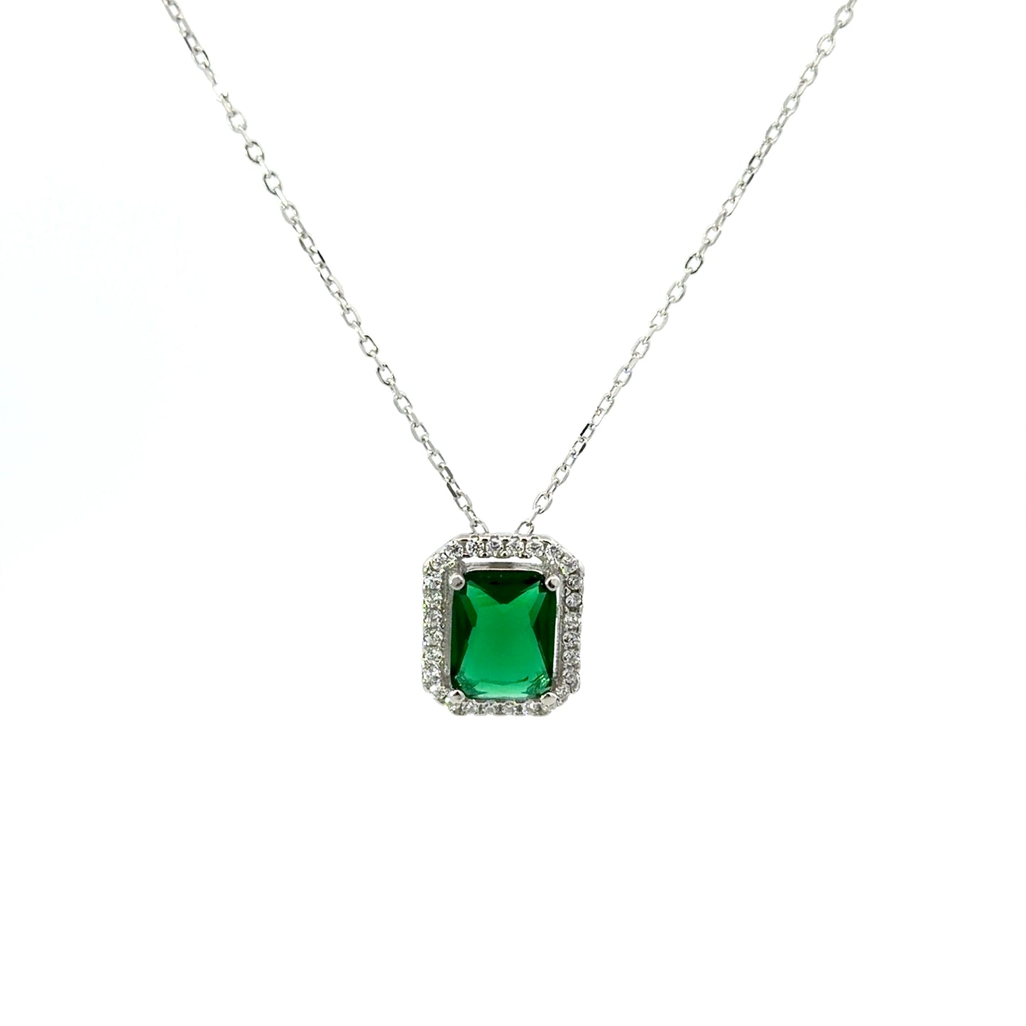 Sterling Silver Emerald Halo Necklace