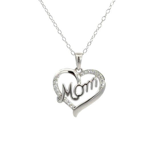 Sterling Silver Cubic Zirconia Open Heart "Mom" Necklace