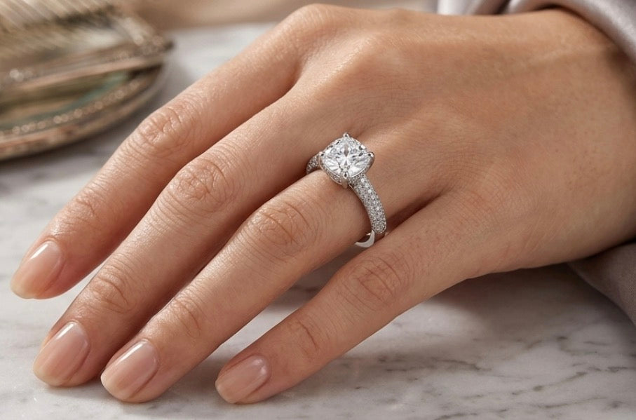Sterling Silver Cathedral Style Cushion cut 4 Prong Ring