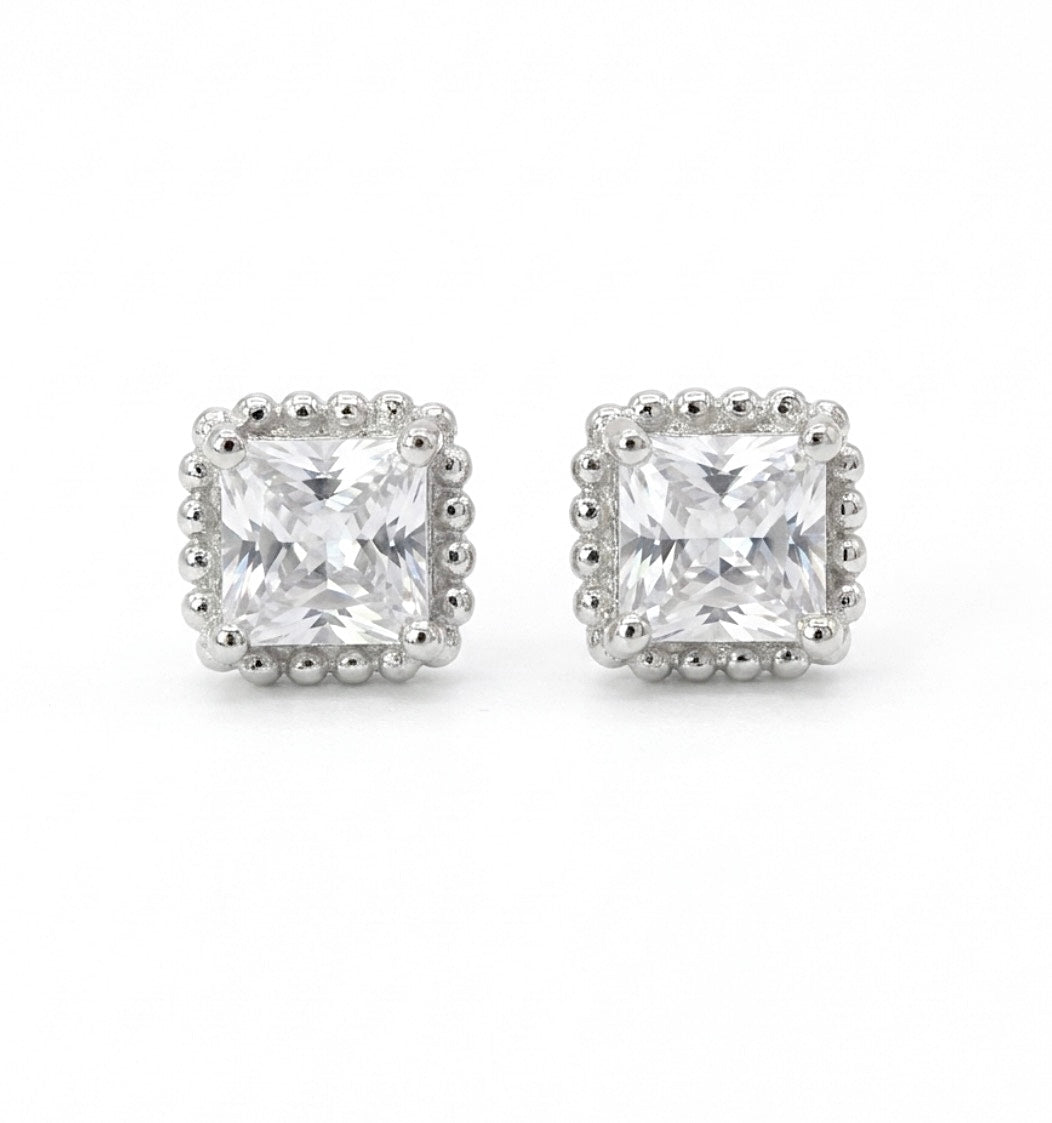 Sterling Silver Princess cut Milgrain Earrings