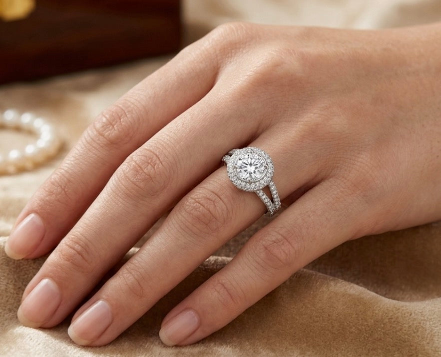 Sterling Silver Cubic Zirconia Pavé Halo Ring