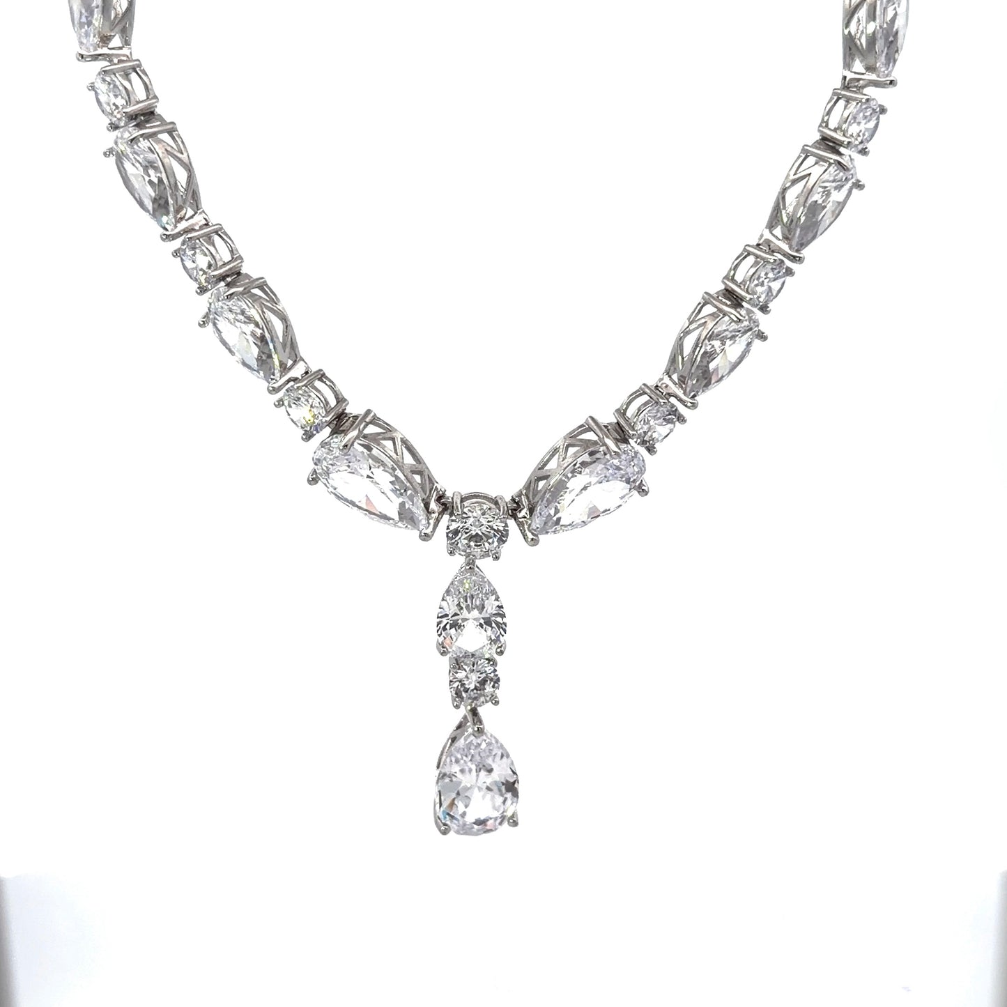 Sterling Silver Necklace With Pear Shape & Round Cubic Zirconia Stones