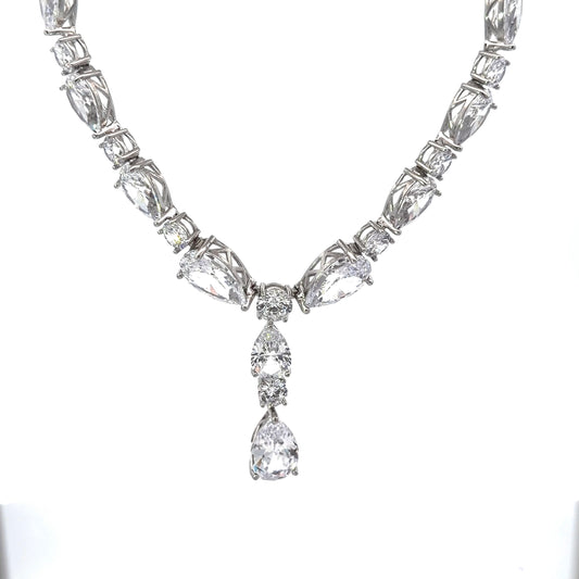 Sterling Silver Necklace With Pear Shape & Round Cubic Zirconia Stones