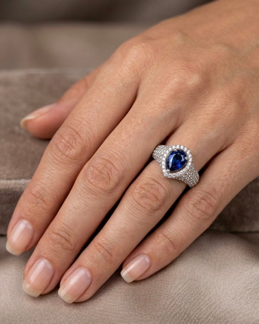 Sterling Silver Sapphire Pave Encrusted Teardrop-cut Ring