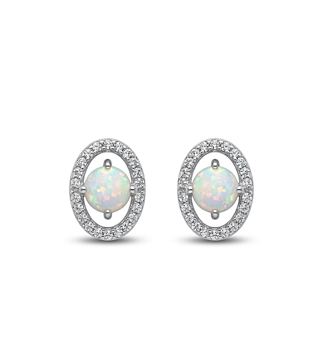 Sterling Silver Oval Halo Opal Earrings