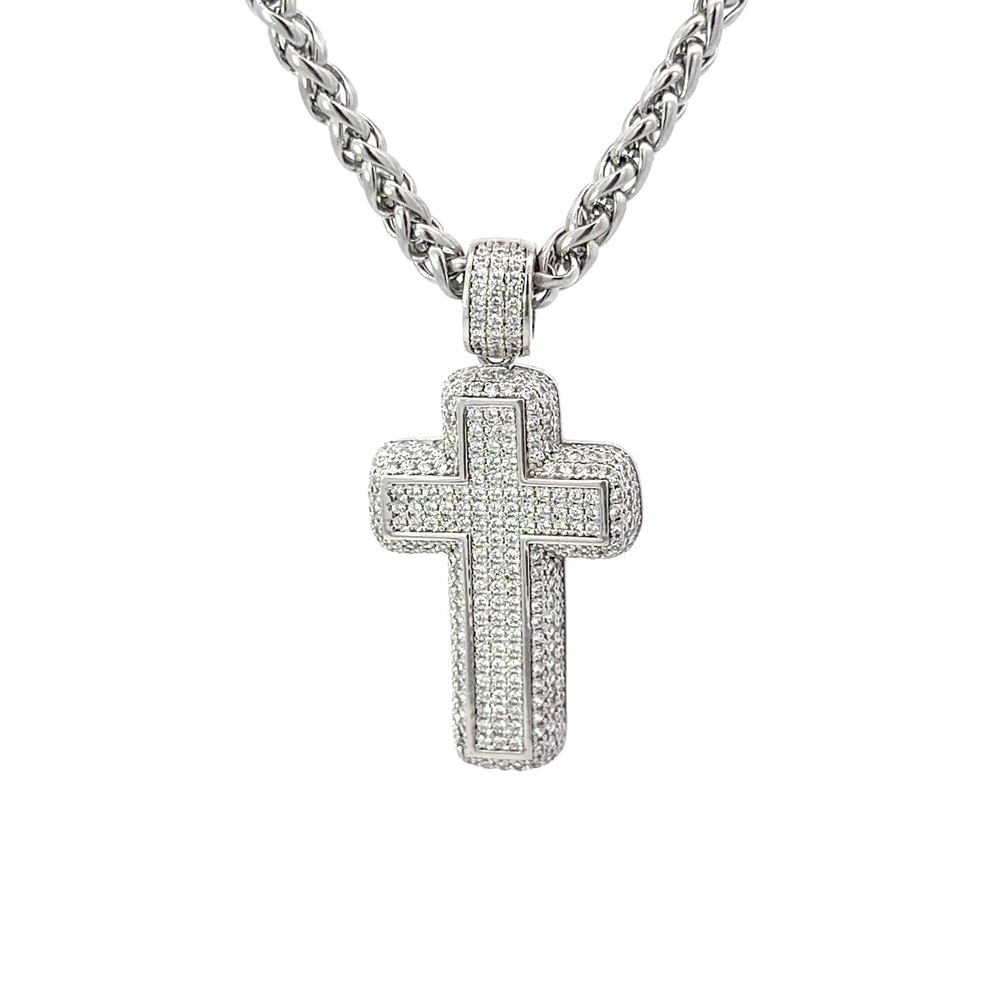 Sterling Silver Puffy Pave Encrusted Cross Pendant