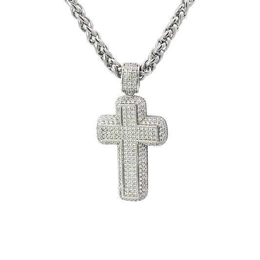 Sterling Silver Puffy Pave Encrusted Cross Pendant