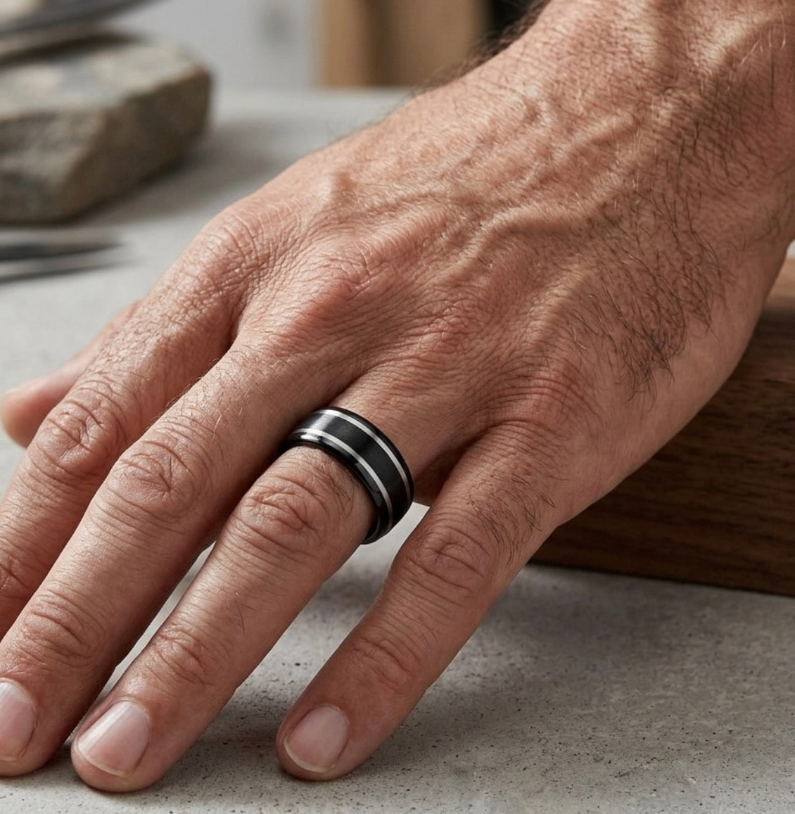 The Shadow: Matte Black & Silver Grooved Tungsten Band