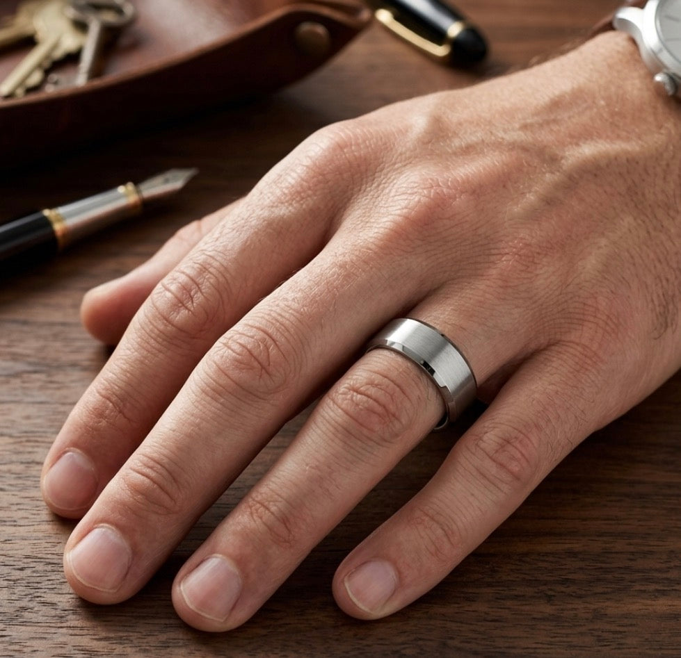 Silver Brushed 8MM Tungsten Band with Polished Stepped Beveled Edges