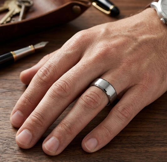 Silver Brushed 8MM Tungsten Band with Polished Stepped Beveled Edges