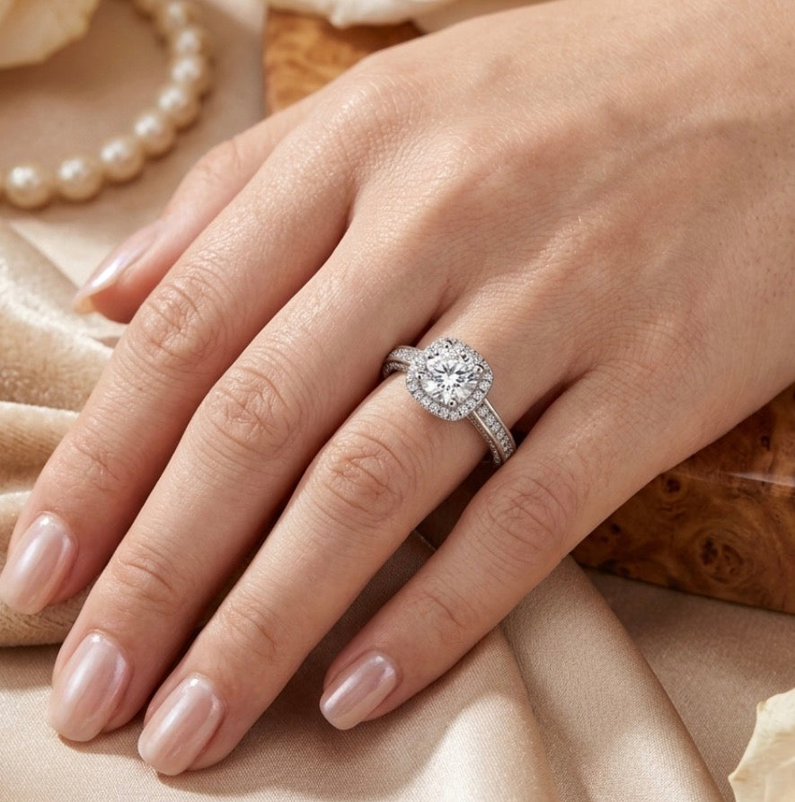 Sterling Silver Round Halo  Ring