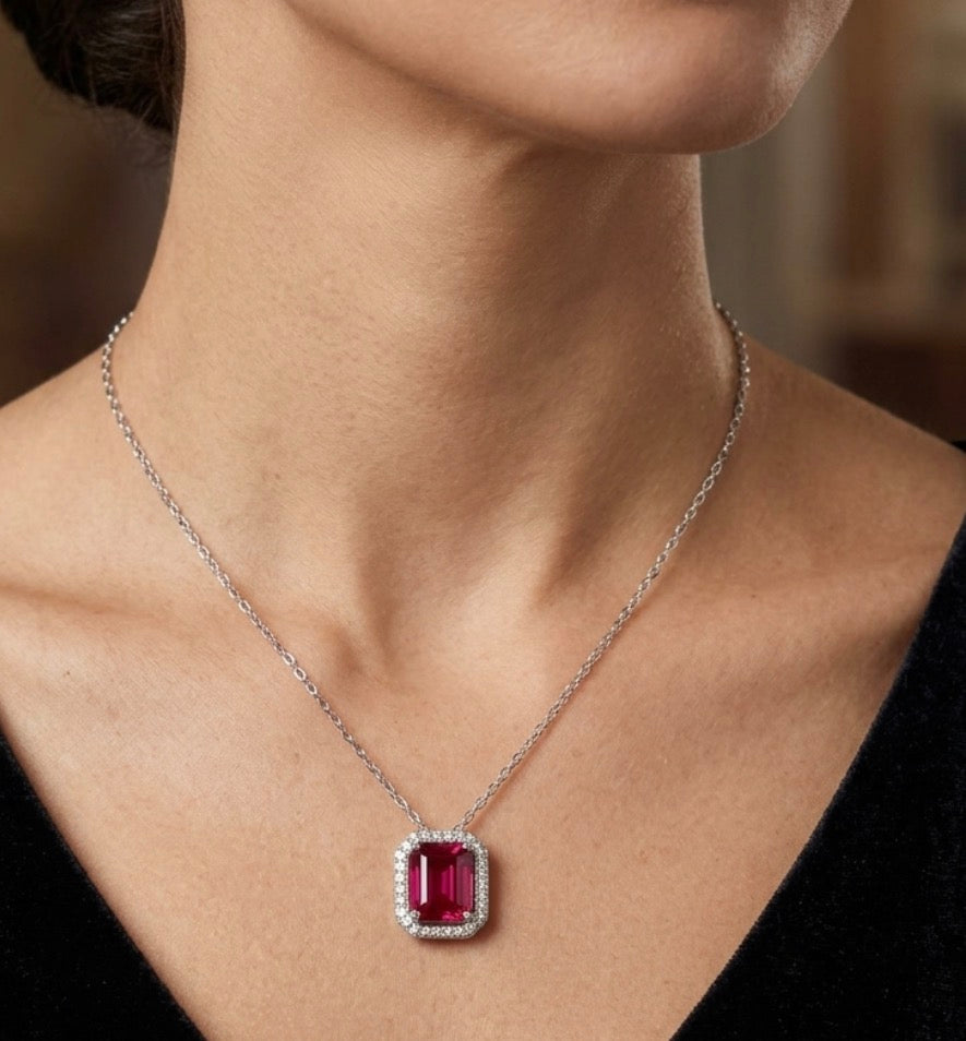Sterling Silver Ruby Halo Necklace